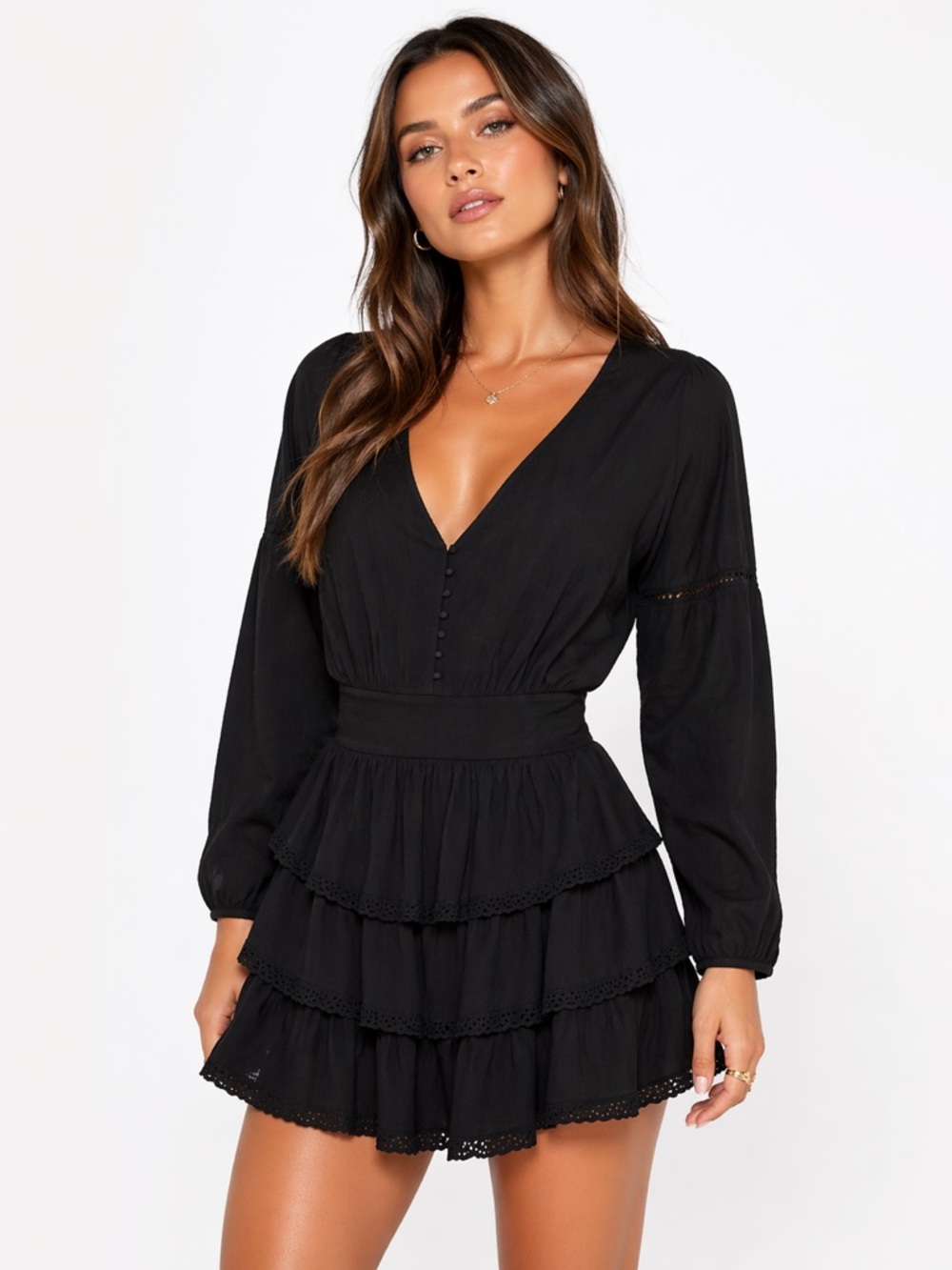 NWT Aerie Size Medium Eyelet Ruffle Tiered Black V-Neck Dress